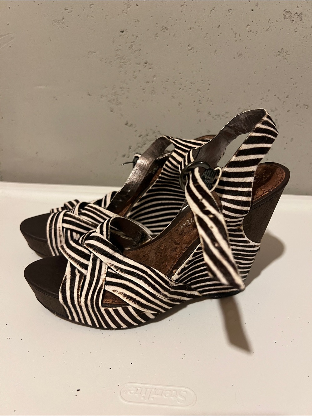 Striped Brown and White cowhide Wedge Sandals - Women's